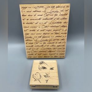 Set Of 2 Stampabilities Rubber Stamp Background Text & Lady Face Wood Mount
